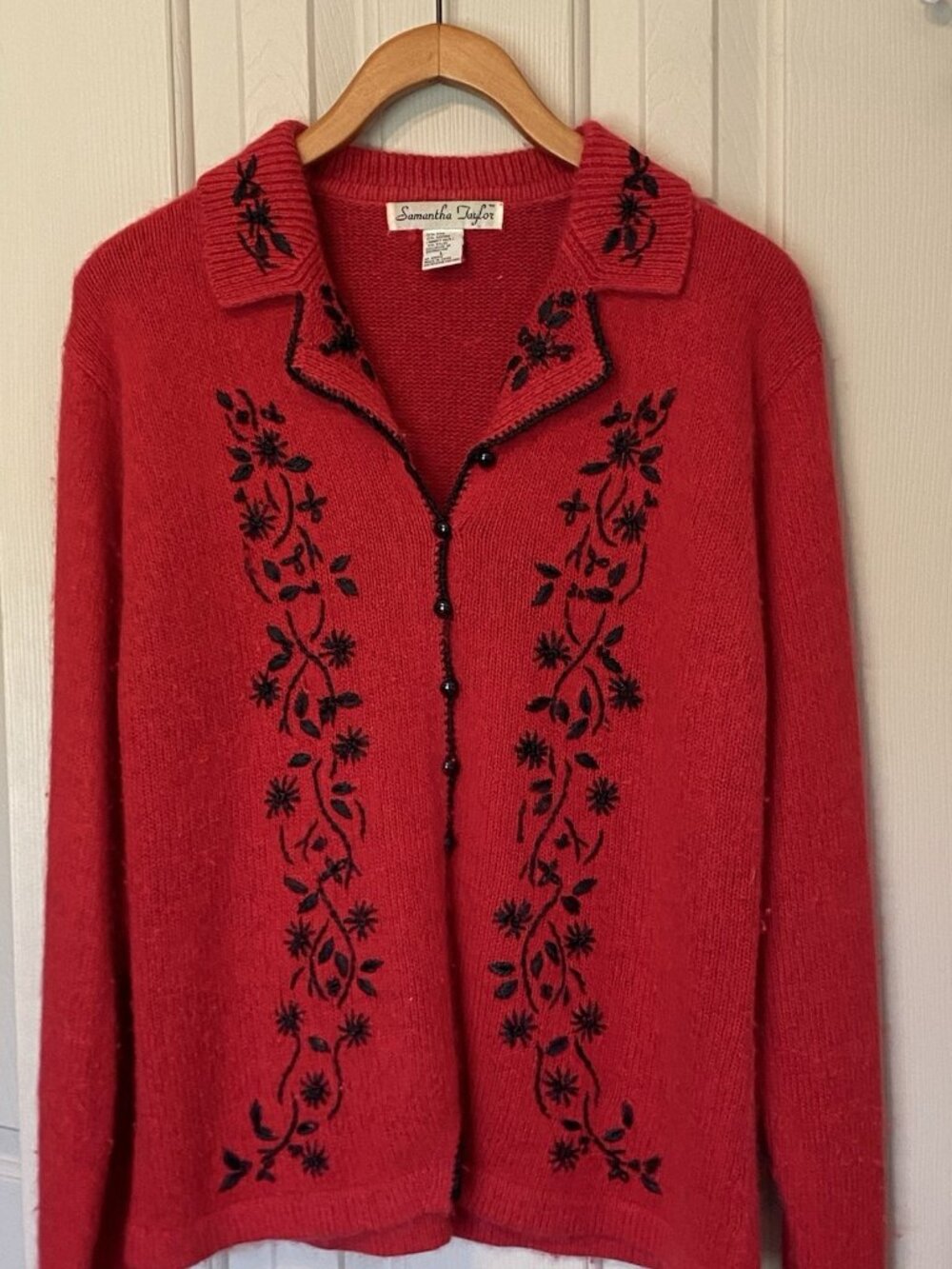 Samantha Taylor Women's L Red Embroidered Artsy Light Sweater Cardigan - Picture 3 of 6